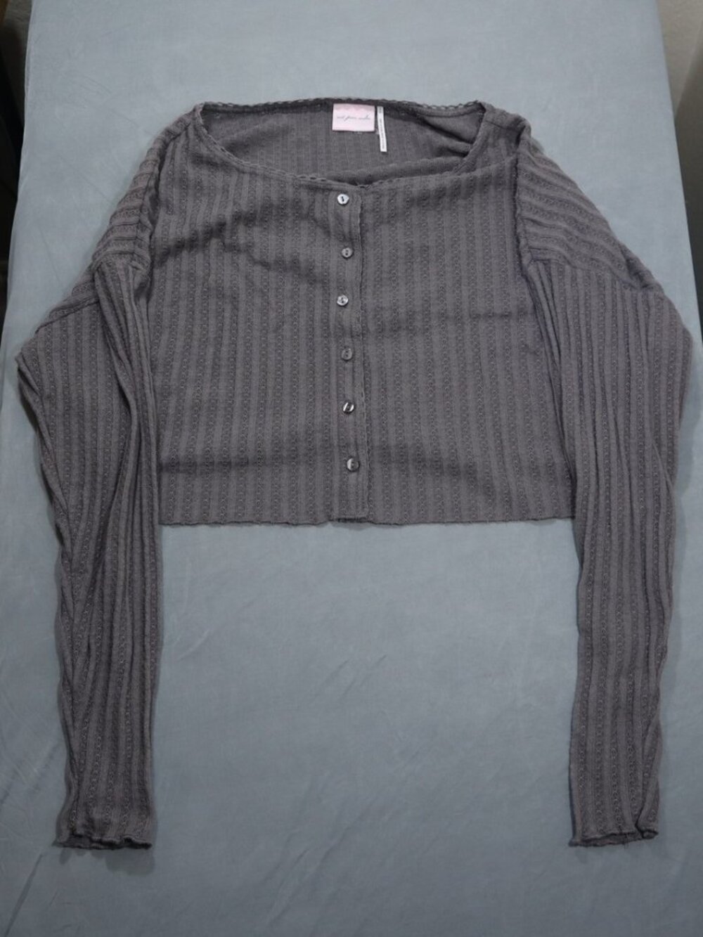 Out From Under Pointelle Cropped Cardigan S Grey Lettuce Edge Button Front